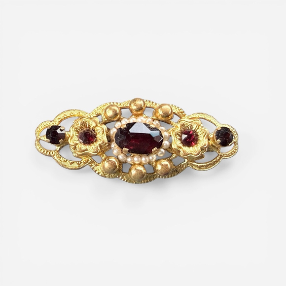 Vintage Czech Garnet Glass Brooch Seed Pearl Filigree Bar Pin Bohemian Jewelry - Picture 7 of 7